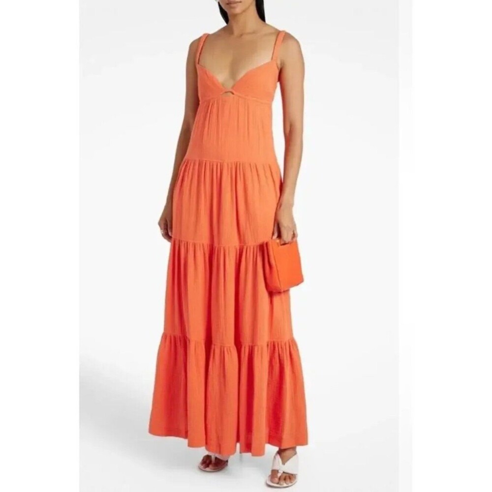 Jonathan SIMKHAI Mirabelle Cotton Gauze Maxi Dress Spicy Orange Flowy Sundress L